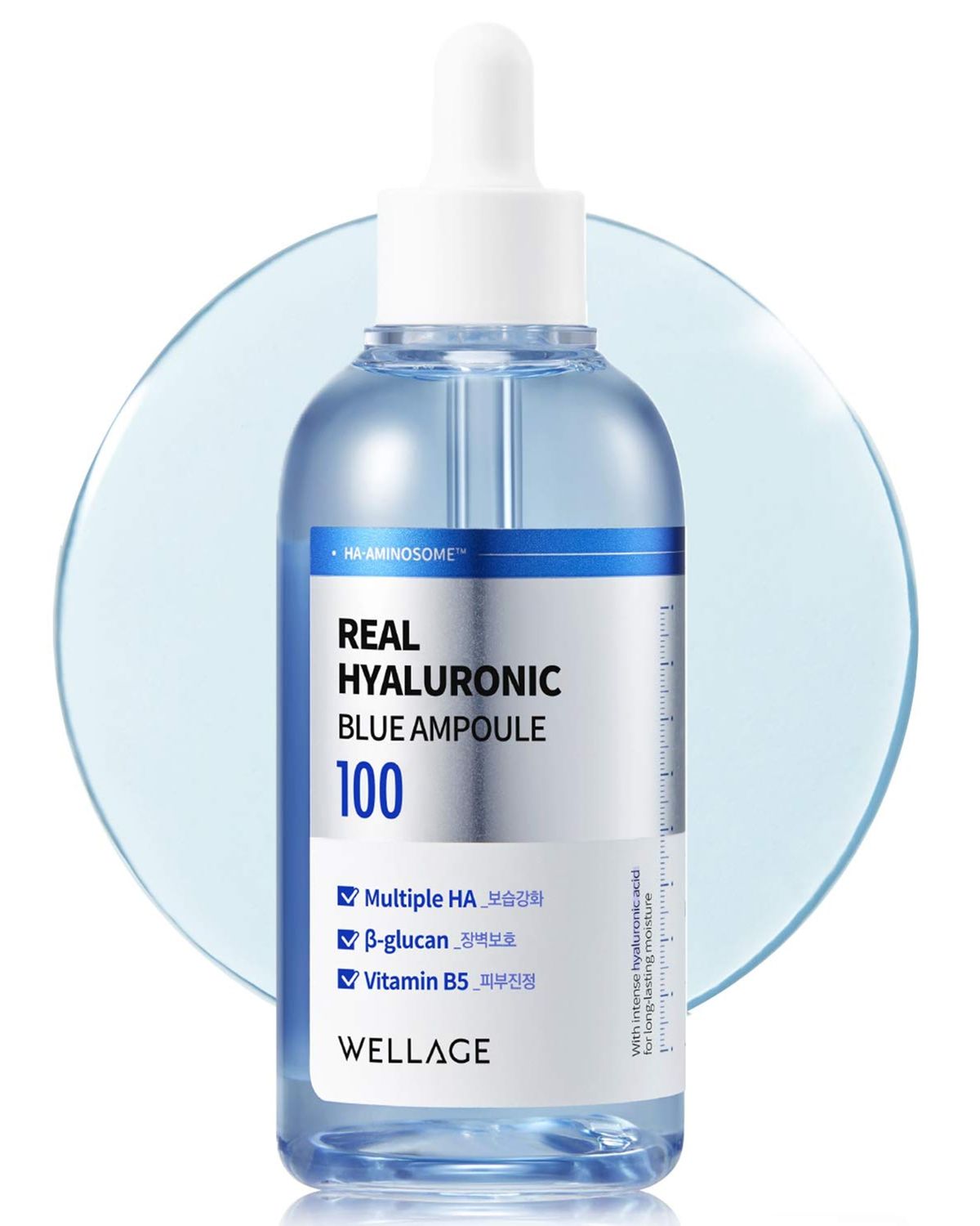WELLAGE Real Hyaluronic Blue Ampoule 100, Fragrance Free Hyaluronic Acid Ampoule, Hydrating Non Sticky Serum for Sensitive Dry Skin, 2.54 fl.oz