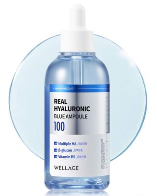 WELLAGE Real Hyaluronic Blue Ampoule 100, Fragrance Free Hyaluronic Acid Ampoule, Hydrating Non Sticky Serum for Sensitive Dry Skin, 2.54 fl.oz