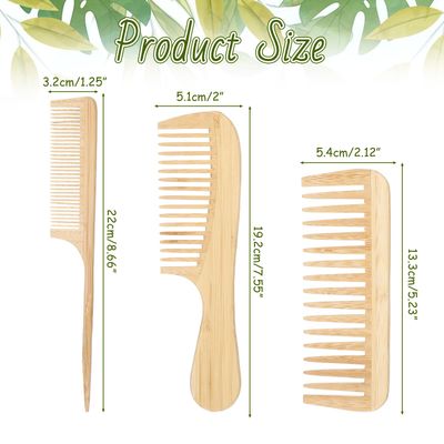 3PCS Natural Handmade Bamboo Anti-Static Combs Set - Wide Tooth, Rat Tail and Fine Tooth, Natural Wooden combs for Hair, Beard, Travel-Friendly, Hand Polished