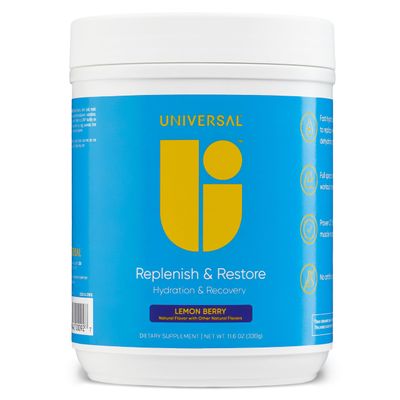 Universal U Replenish Restore Powder, Hydration Recovery, Promotes Muscle Repair and Growth, Custom Dosing, L-Lysine, L-Glutamine, L-Tryptophan, No Artificial Flavors, 30 Servings (Lemon Berry)