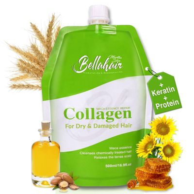 Bellahair Hydrating Collagen Hair Mask for Dry Damaged Hair and Growth - Hydrolyzed Keratin, Protein, SheaButter, Argon Oil Botanical Extracts - Deep Repairs, Smooths Strengthens All Hair-17Oz