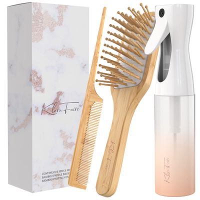 Water Mister Spray Bottle for hair - 3pc set wbamboo brush, rat tail combs Continuous spray bottle for hair Natural Bamboo hair brush Wooden Comb wfine misting spray bottles (Rose Gold)