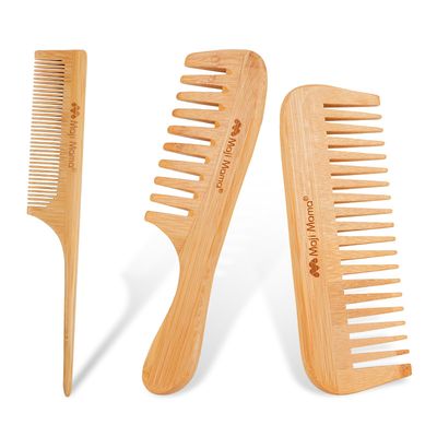 Maji Mama Natural Bamboo Comb Set Anti-Static Fine Wide Tooth Wooden brush For Detangling Styling Thick Thin Straight Hair For Men or Women,Rat Tail Comb For Teasing Strands Post Styling,3PCS