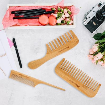 Maji Mama Natural Bamboo Comb Set Anti-Static Fine Wide Tooth Wooden brush For Detangling Styling Thick Thin Straight Hair For Men or Women,Rat Tail Comb For Teasing Strands Post Styling,3PCS