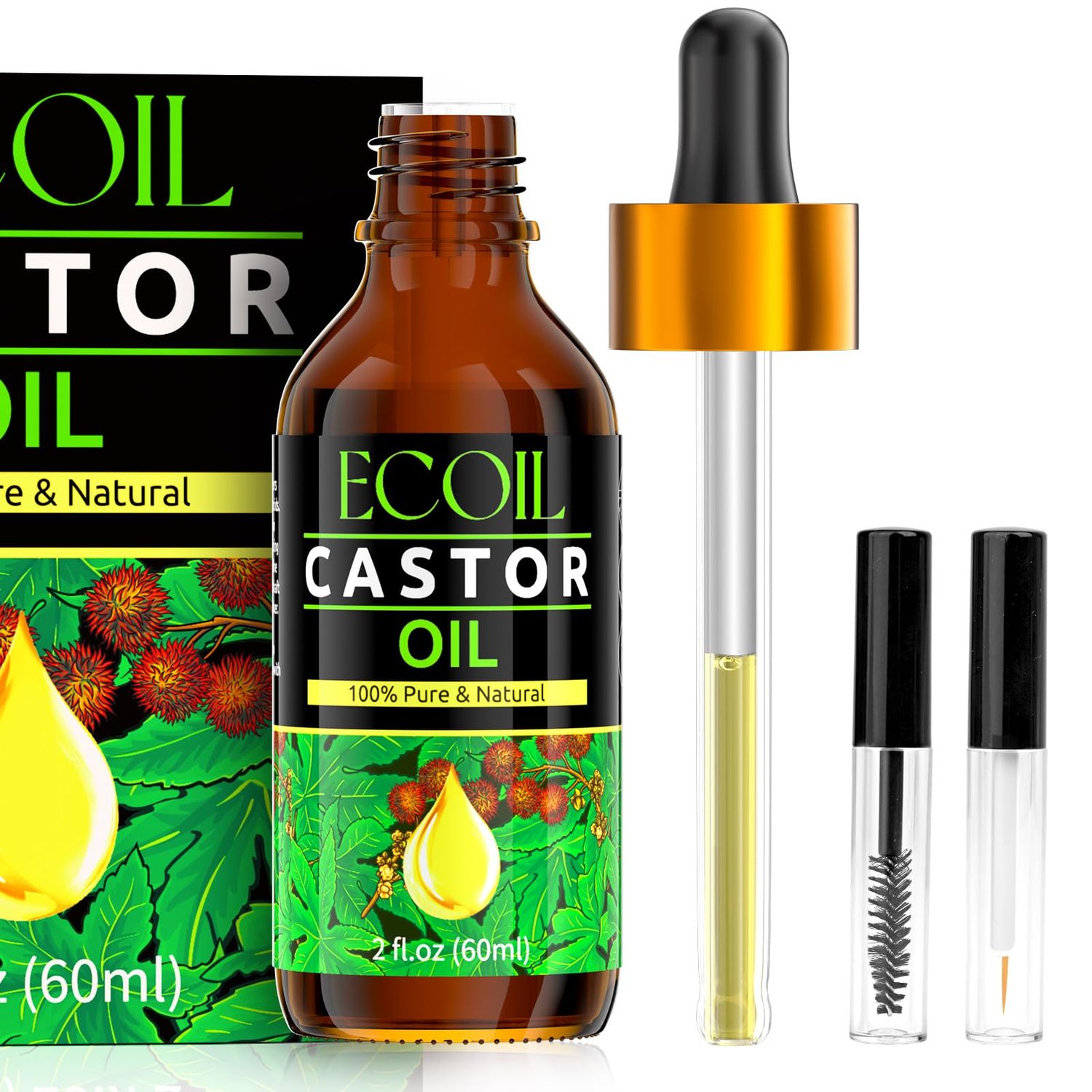 ECOIL 100 Pure Organic Castor Oil (2oz), Nourishing Hair, Lush Eyelashes, and Radiant Skin, Premium and Natural Carrier Oil