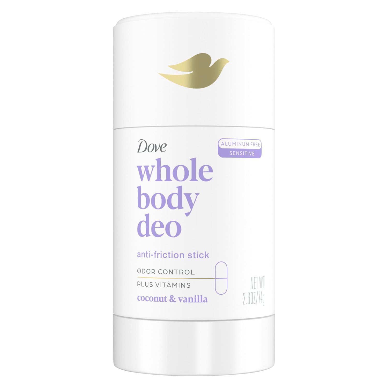 Dove Whole Body Deo Aluminum Free Anti-Friction Deodorant Stick Coconut Vanilla for All Day Odor Control 2.6 oz