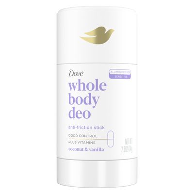 Dove Whole Body Deo Aluminum Free Anti-Friction Deodorant Stick Coconut Vanilla for All Day Odor Control 2.6 oz