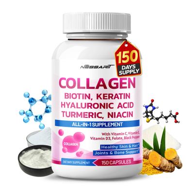 Collagen Supplement - 14-in-1 Natural Blend with Biotin Keratin Hyaluronic Acid Turmeric Niacin Folate Vitamin C, D, E - 150 Count - Made Tested in The USA