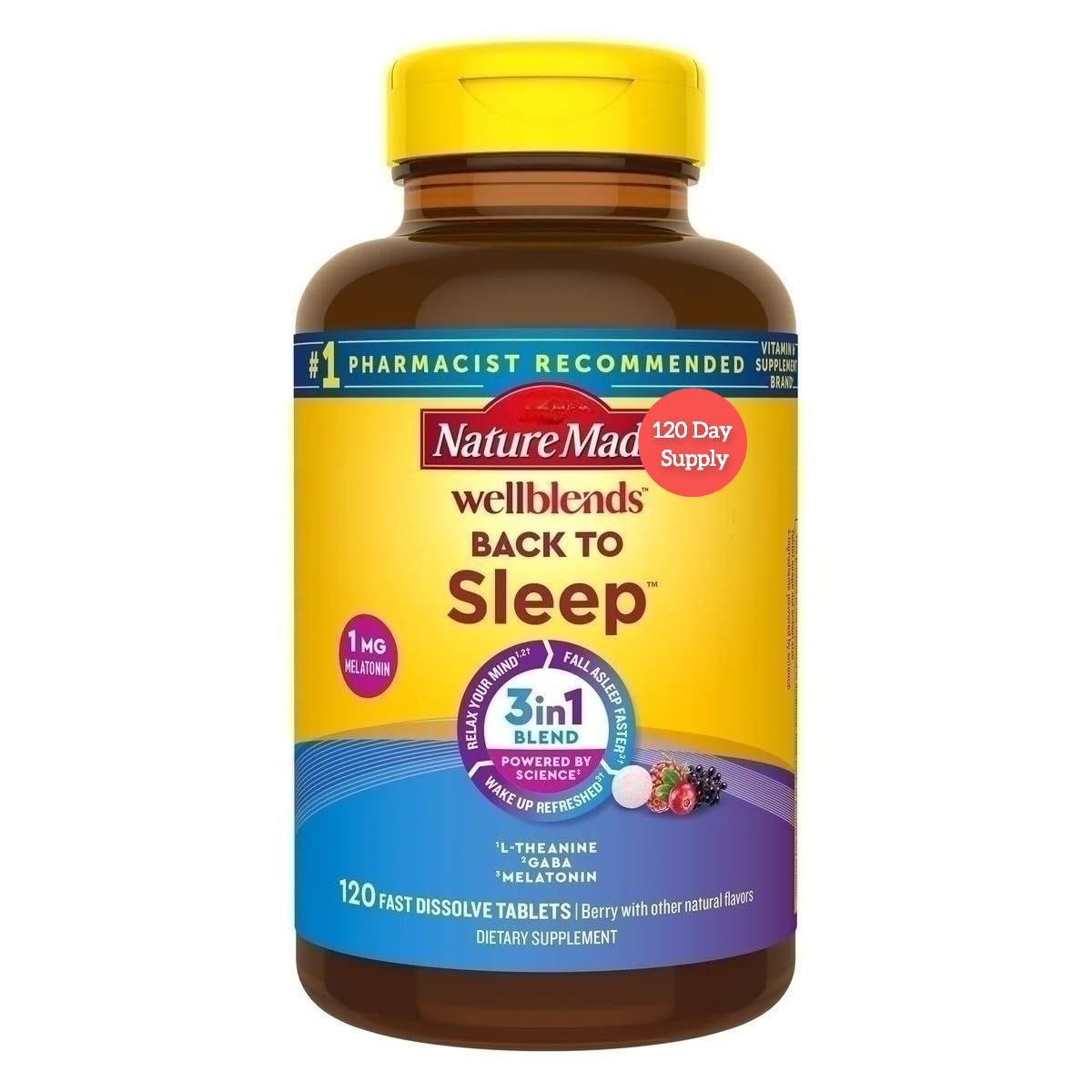 Natures Mades Wellblends Back to Sleep, 120 Fast Dissolve Tablets Bundle 3-in-1 Blend to Provide Fast Acting Sleep Support Low Dose Melatonin 1mg 120 Day Supply