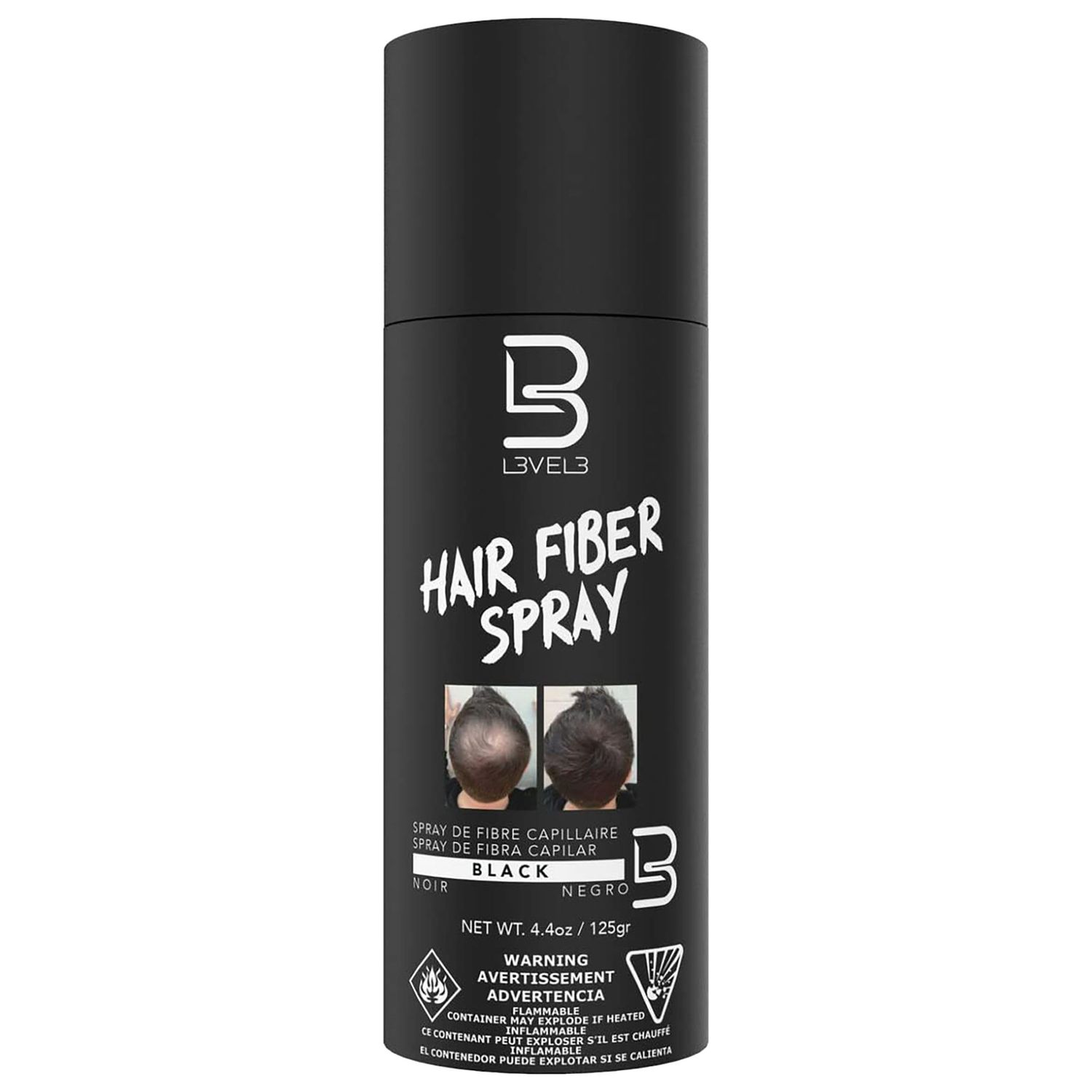 L3 Level 3 Black Hair Fiber Spray - Covers Bald Spots Thinning Hair - Instant Gray Coverage Thicker Hair Appearance