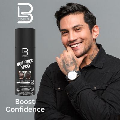 L3 Level 3 Black Hair Fiber Spray - Covers Bald Spots Thinning Hair - Instant Gray Coverage Thicker Hair Appearance