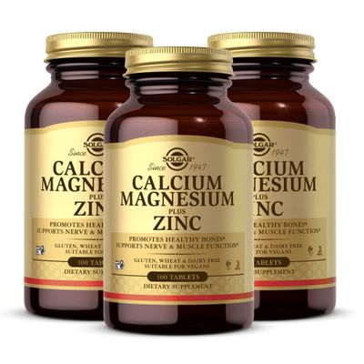 Solgar Calcium Magnesium Plus Zinc - 100 Tablets, Pack of 3 - Promotes Healthy Bones, Supports Nerve Muscle Function - Non-GMO, Vegan, Gluten Free - 100 Total Servings