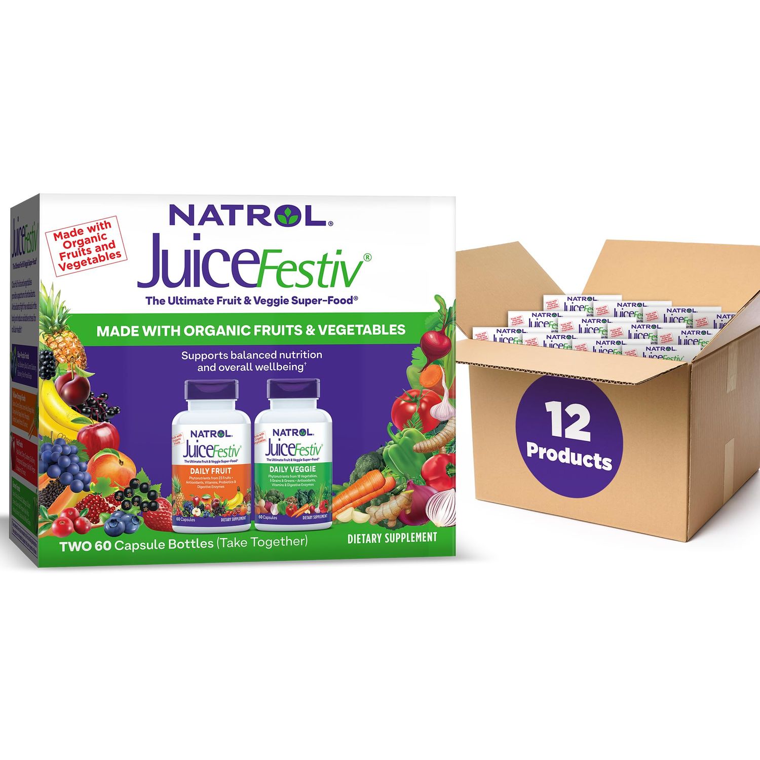 Natrol JuiceFestiv Pack, Daily Fruit and Veggie Capsules, Dietary Supplement Supports Balanced Nutrition, 120 Count (Pack of 12)