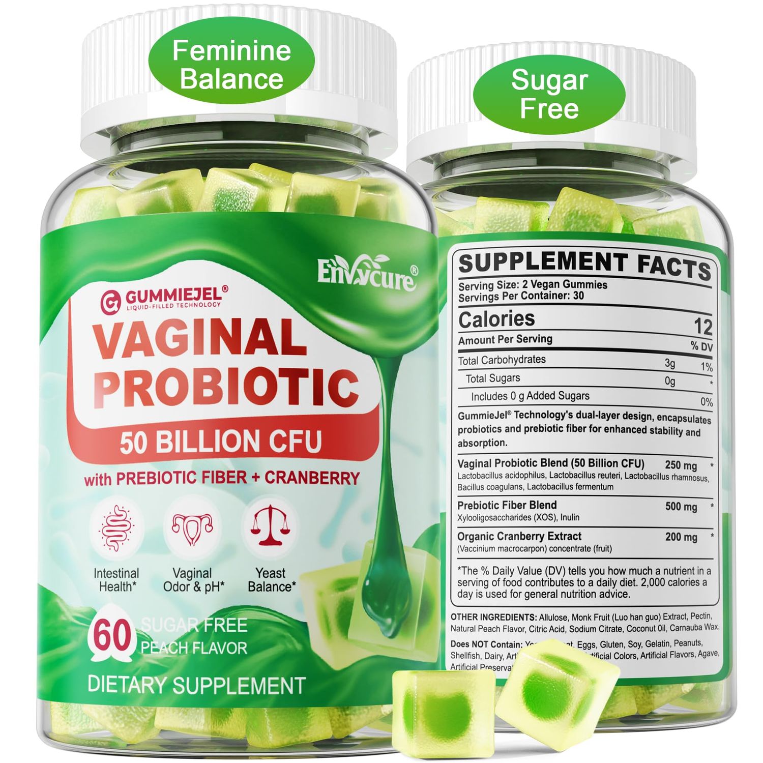 Vegan Vaginal Probiotics for Women Gummies - pH, Odor, Feminine Balance, Yeast, Urinary Tract - 50 Billion CFU Lactobacillus Reuteri, Cranberry, Prebiotics Fiber - Delayed Release - Sugar Free, 60 Cts