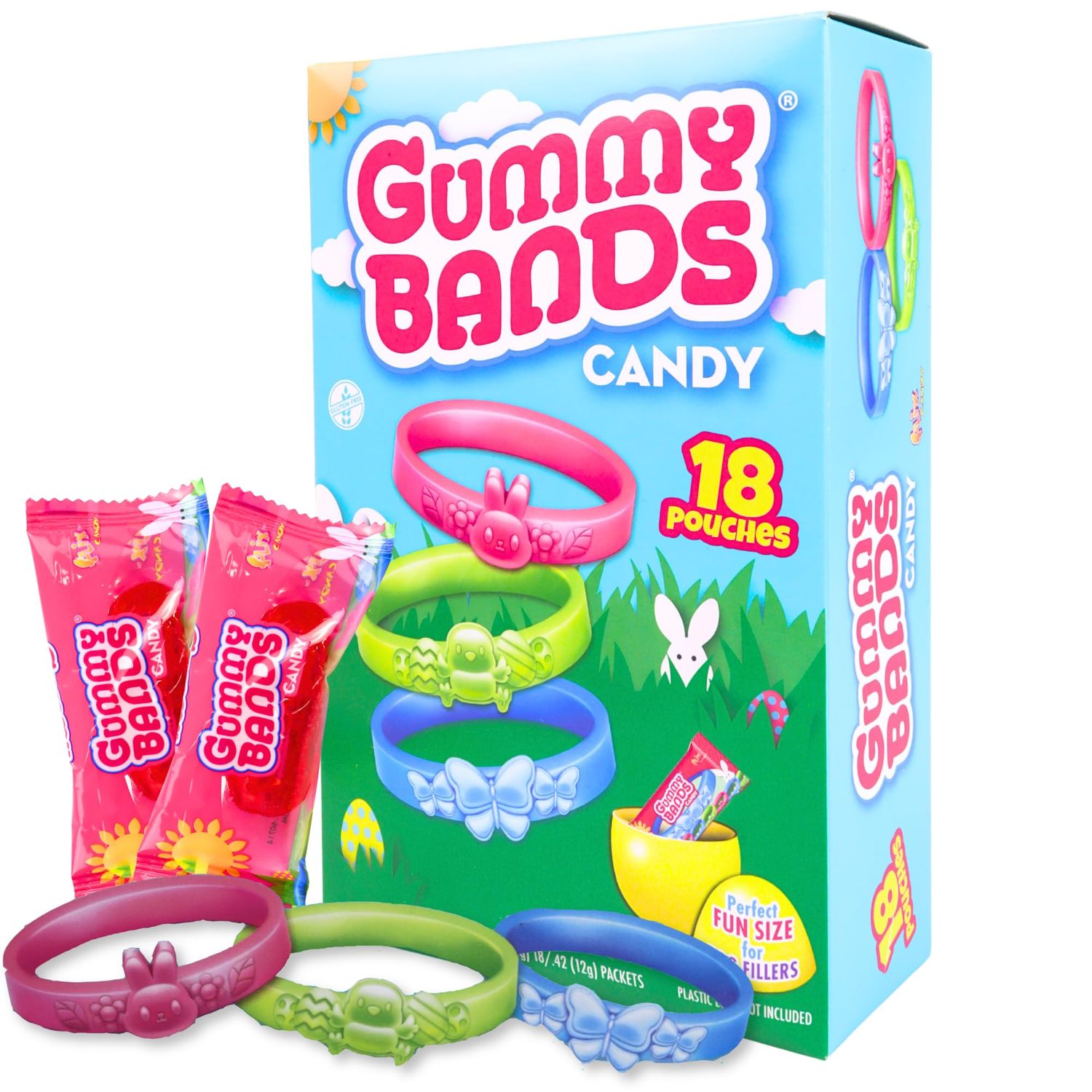 Gummy Bands Candy Bracelets, Individually Wrapped for Easter Egg Fillers and Parties, 18 Pouches