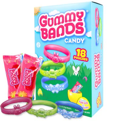 Gummy Bands Candy Bracelets, Individually Wrapped for Easter Egg Fillers and Parties, 18 Pouches