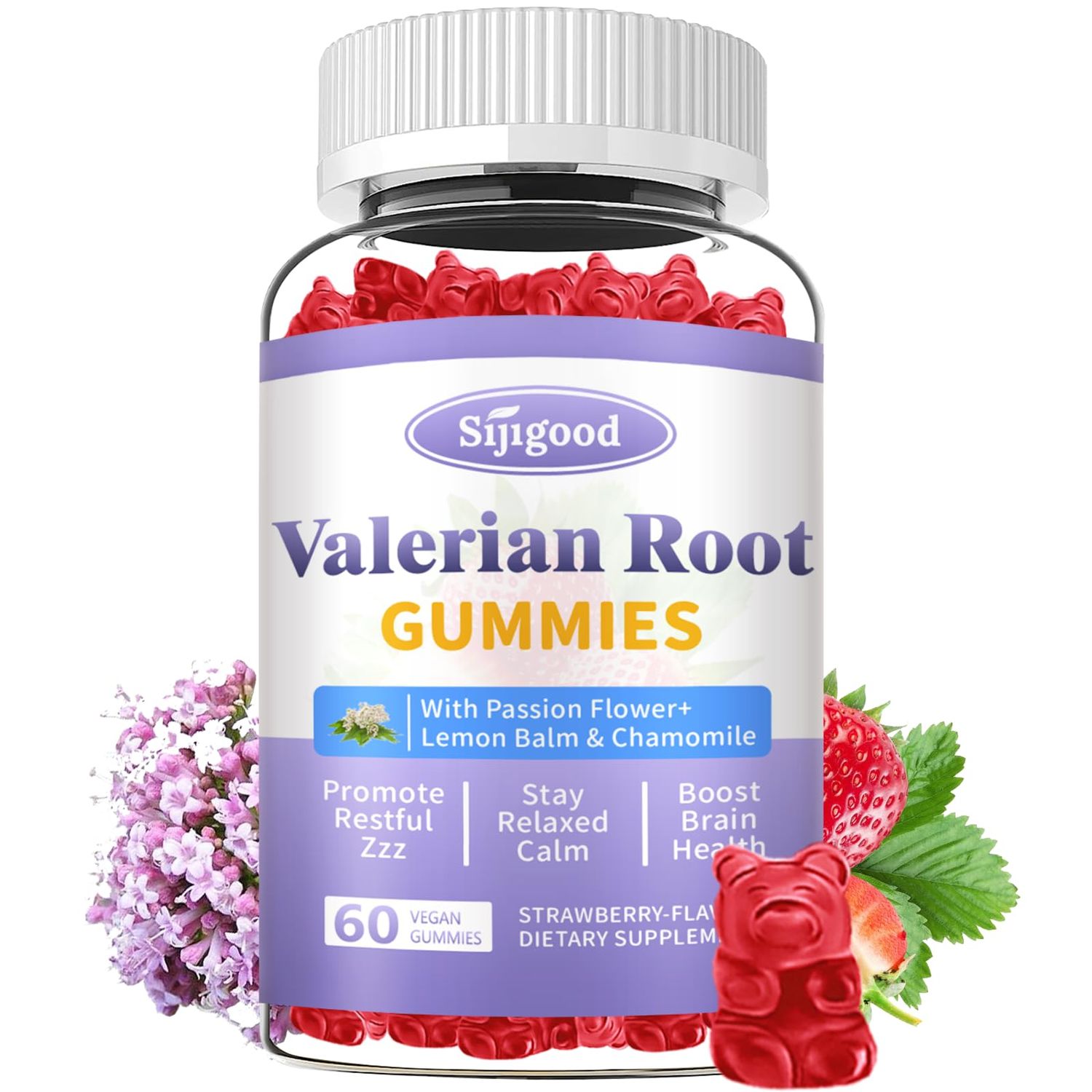 Valerian Root Gummies Organic, Valerian Root Supplement for Zzz, Relaxation Calm, Natural Herbal Supplement for Men Women, Melatonin Free, Vegan, Non-GMO, Strawberry Flavor, 60 Count