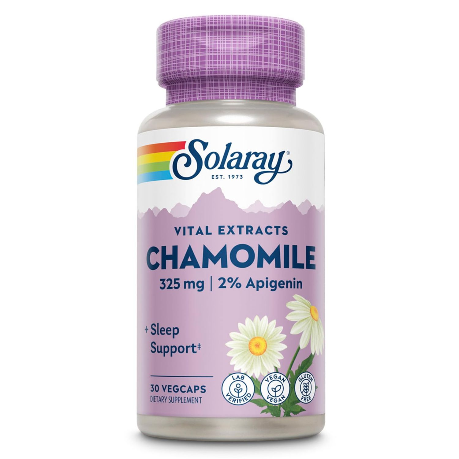 SOLARAY Chamomile Extract, Sleep Supplement Support, 2 Apigenin, Vegan, Gluten Free, Made Without Soy, 60 Day Money-Back Guarantee, 30 Servings, 30 VegCaps