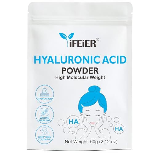 iFEiER Hyaluronic Acid Powder High Molecular Weight Hyaluronic Acid Serum Powder 60g(2.12oz) Cosmetics Grade Sodium Hyaluronate HA LMW HMW Hyaluronic Acid ingredient for DIY Serums