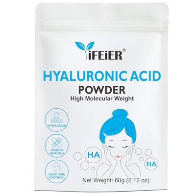 iFEiER Hyaluronic Acid Powder High Molecular Weight Hyaluronic Acid Serum Powder 60g(2.12oz) Cosmetics Grade Sodium Hyaluronate HA LMW HMW Hyaluronic Acid ingredient for DIY Serums