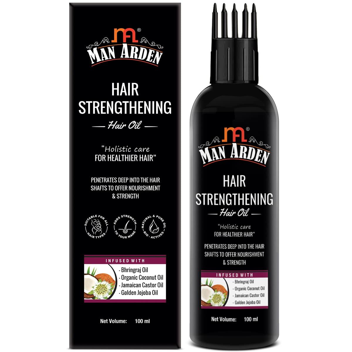 Man Arden Hair Strengthening Hair Oil With Comb Applicator for Men, For Nourishment Strength, Bhringraj Oil, Organic Coconut Oil, Jamaican Castor Oil, Golden Jojoba Oil, 100 ml