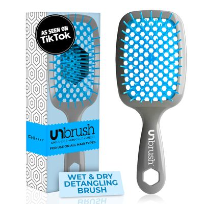 FHI Heat UNbrush Detangling Brush for Pain-Free Brushing on All Wet or Dry Hair Types - Durable DuoFlex Anti-Static Bristles, Lightweight Handle, Vented Hair Brush, Light BlueGrey