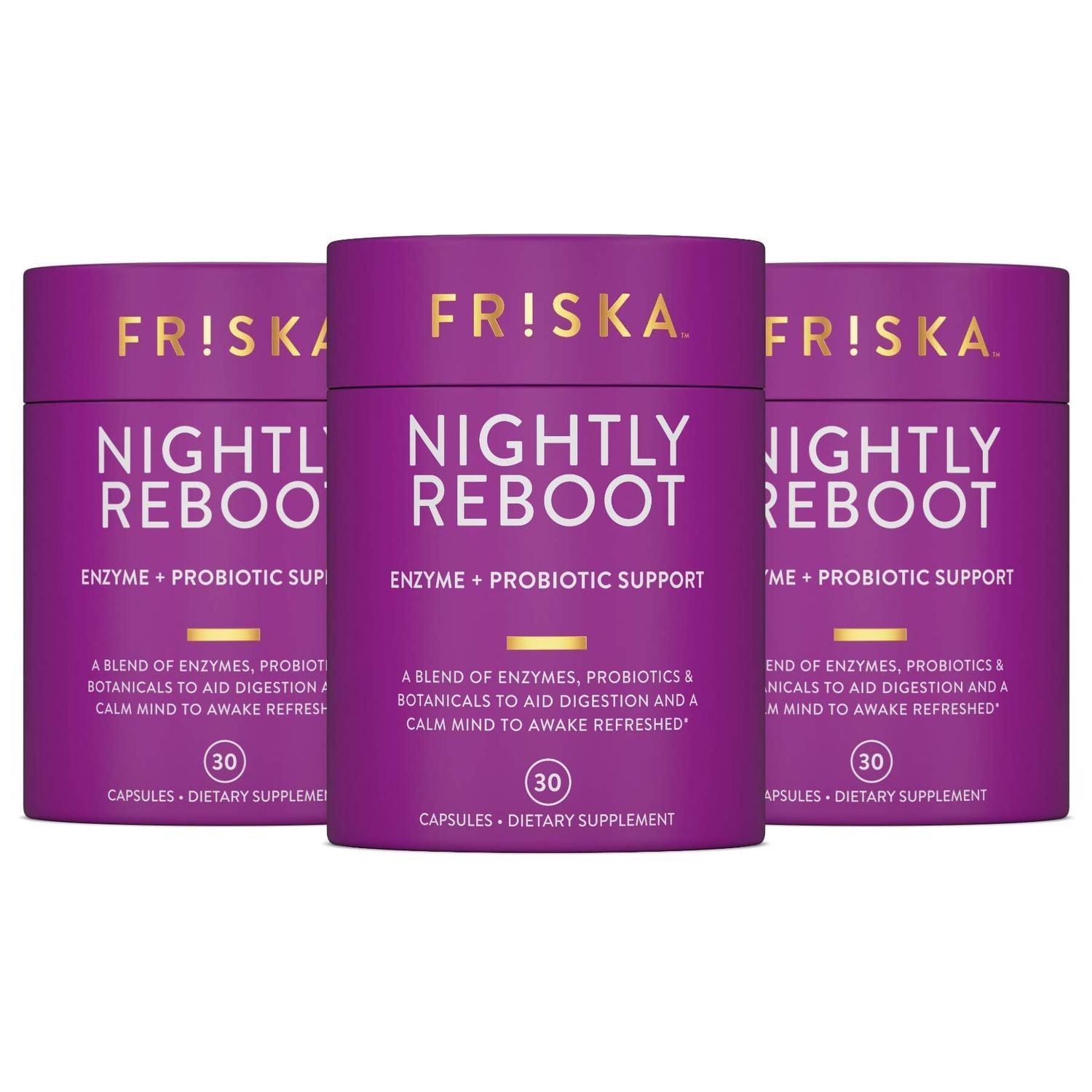 FRISKA Nightly Reboot Enzyme and Probiotics Supplement, Promotes Better Digestion and Sleep, Supports Gut Health for Men and Women, Melatonin, Chamomile, 90 Capsules