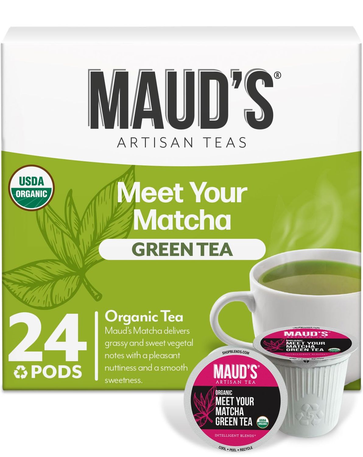 Maud&#39;s Organic Matcha Green Tea Pods, 24 ct, Recyclable Single Serve Tea Pods - 100 Gourmet Blended Tea Leaves, Compatible with Keurig K Cups Maker