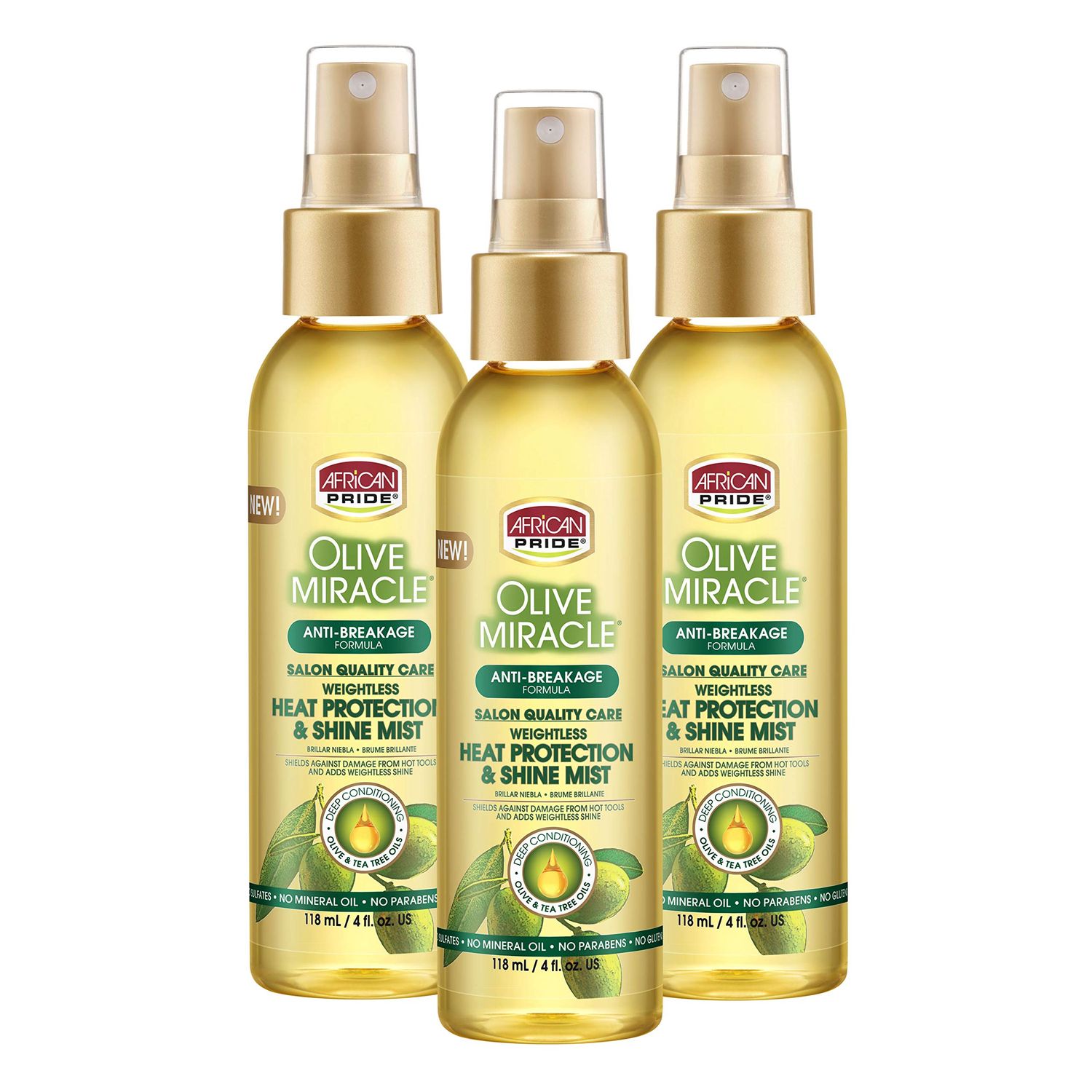 African Pride Olive Miracle Weightless Heat Protection Hair Shine Mist (3 Pack), Fights Humidity Shields Against Heat Damage, Enriched with Olive Tea Tree Oils, 4 oz