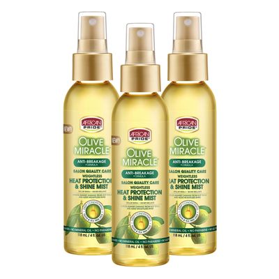 African Pride Olive Miracle Weightless Heat Protection Hair Shine Mist (3 Pack), Fights Humidity Shields Against Heat Damage, Enriched with Olive Tea Tree Oils, 4 oz