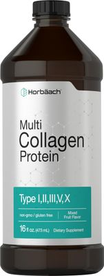 Horbaach Multi Collagen Protein 16 fl oz Fruit Flavor Liquid Collagen Peptides Type I, II, III, V, X Non-GMO, Gluten Free Supplement