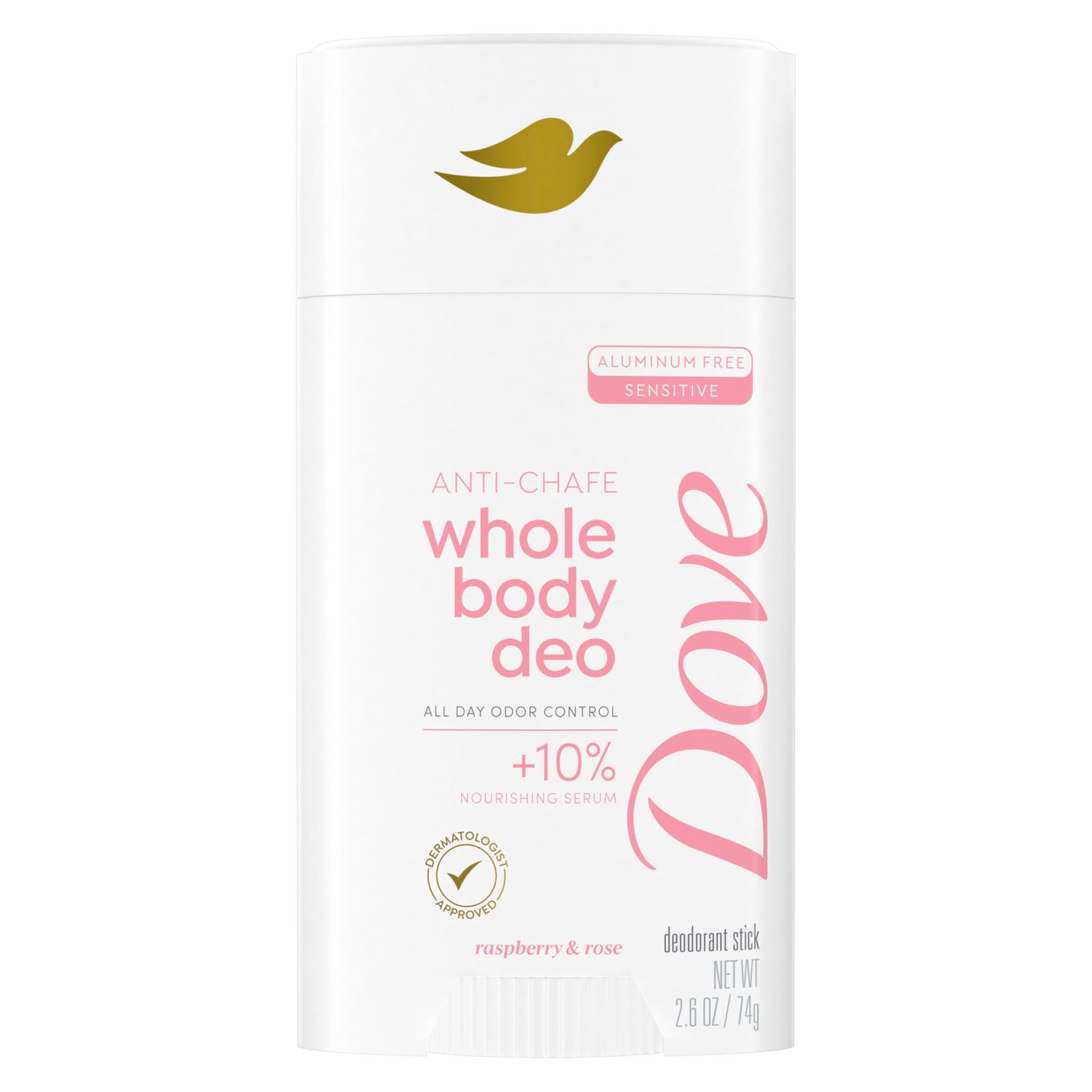 Dove Whole Body Deo Aluminum Free Anti-Chafe Deodorant Stick Raspberry Rose for 72h Odor Control 2.6 Oz