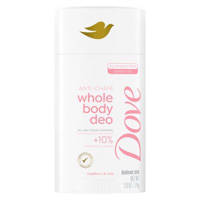 Dove Whole Body Deo Aluminum Free Anti-Chafe Deodorant Stick Raspberry Rose for 72h Odor Control 2.6 Oz
