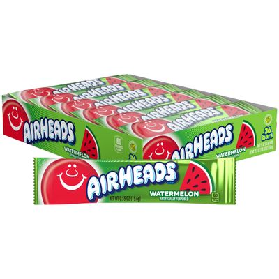 Airheads Candy, Watermelon Flavor, Individually Wrapped Full Size Bars, Taffy, Non-Melting, Party, Pack of 36 Bars