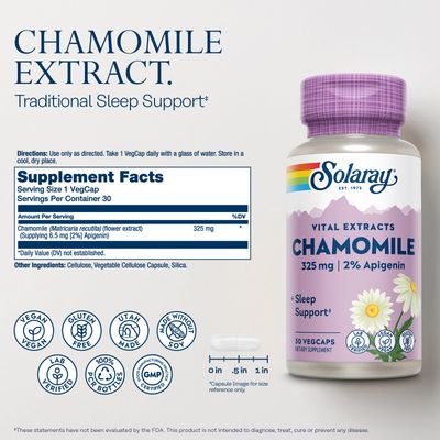 SOLARAY Chamomile Extract, Sleep Supplement Support, 2 Apigenin, Vegan, Gluten Free, Made Without Soy, 60 Day Money-Back Guarantee, 30 Servings, 30 VegCaps
