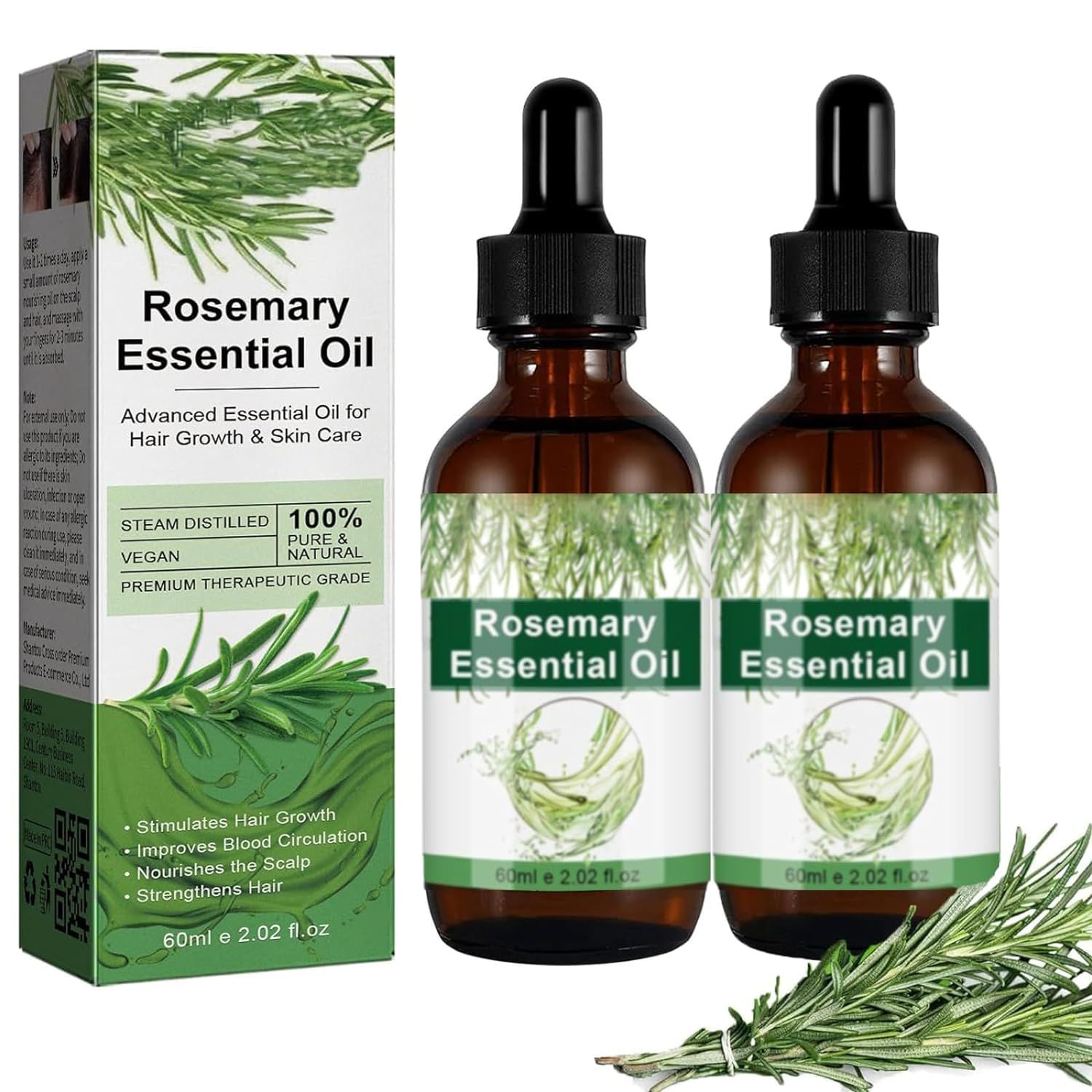 Generic Rosemary Oil for Hair Growth Organic, 100 Pure Rosemary Essential Oil for Hair Growth, Eyelashs, Eyebrows, Face, Skin Care, Body Massage, Nourishes The Scalp - 60ml 2.11 oz (2 PCS)