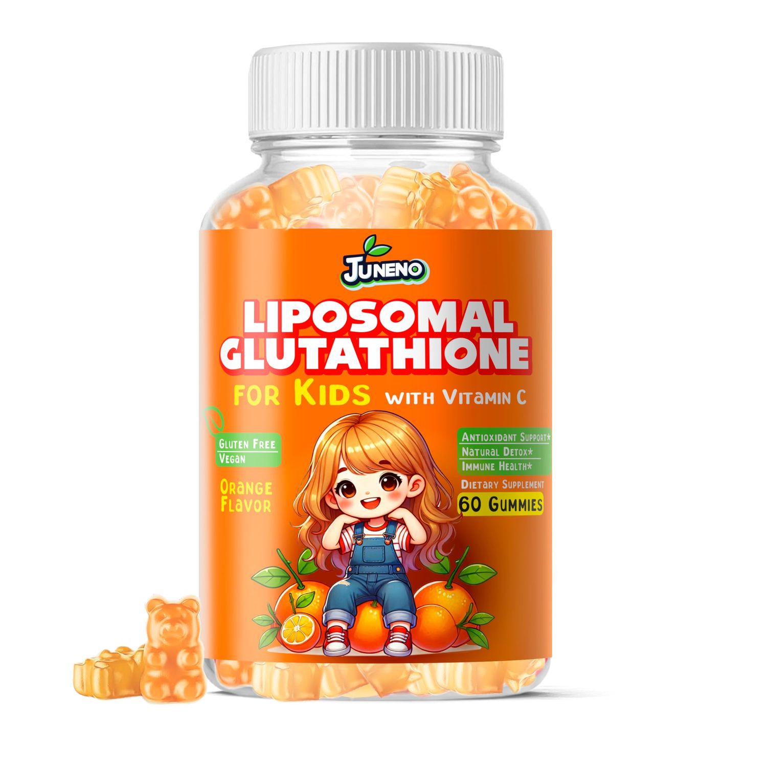 Juneno Liposomal Glutathione Gummies for Kids - Vitamin C Supplement for Healthy Immune Support Antioxidants Detox - Sugar Free Vegan Non GMO