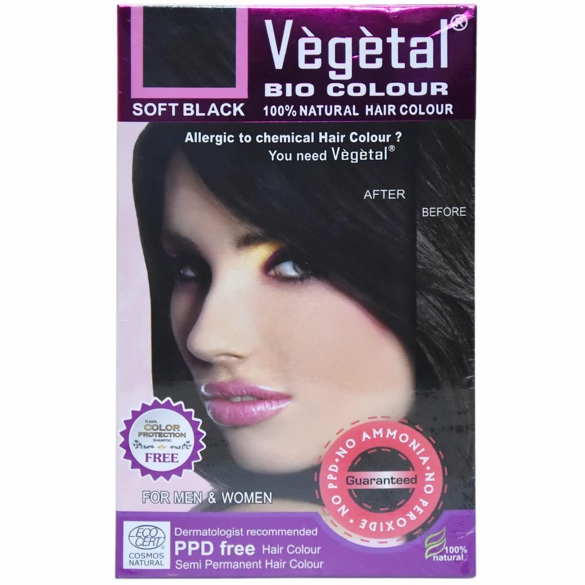 Vegetal Bio Colour - Soft Black 150g 100 Herbal and Organic Hair Color Ammonia-Free, PPD-Free Semi-Permanent Dye for Men and Women Protects UV and Maintains Luster Complete Kit Included