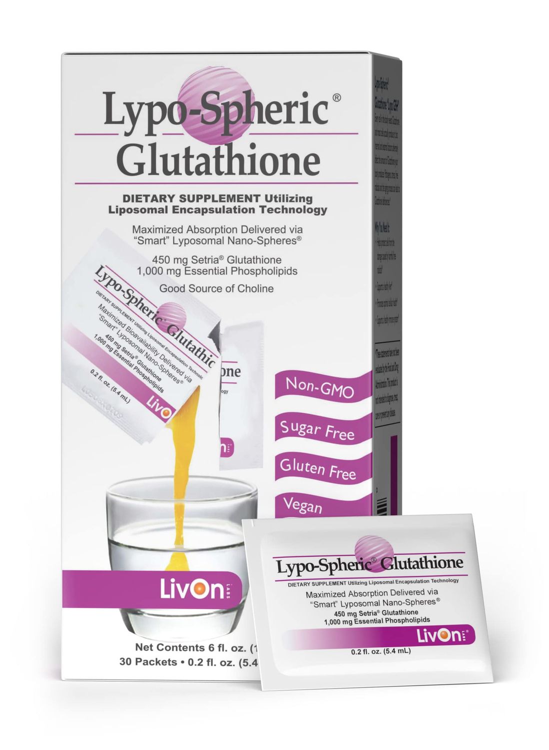 LivOn Laboratories Lypo-Spheric Glutathione - 30 Packets - 450 mg Glutathione Per Packet - Liposome Encapsulated for Maximum Bioavailability - Professionally Formulated - 100 Non-GMO