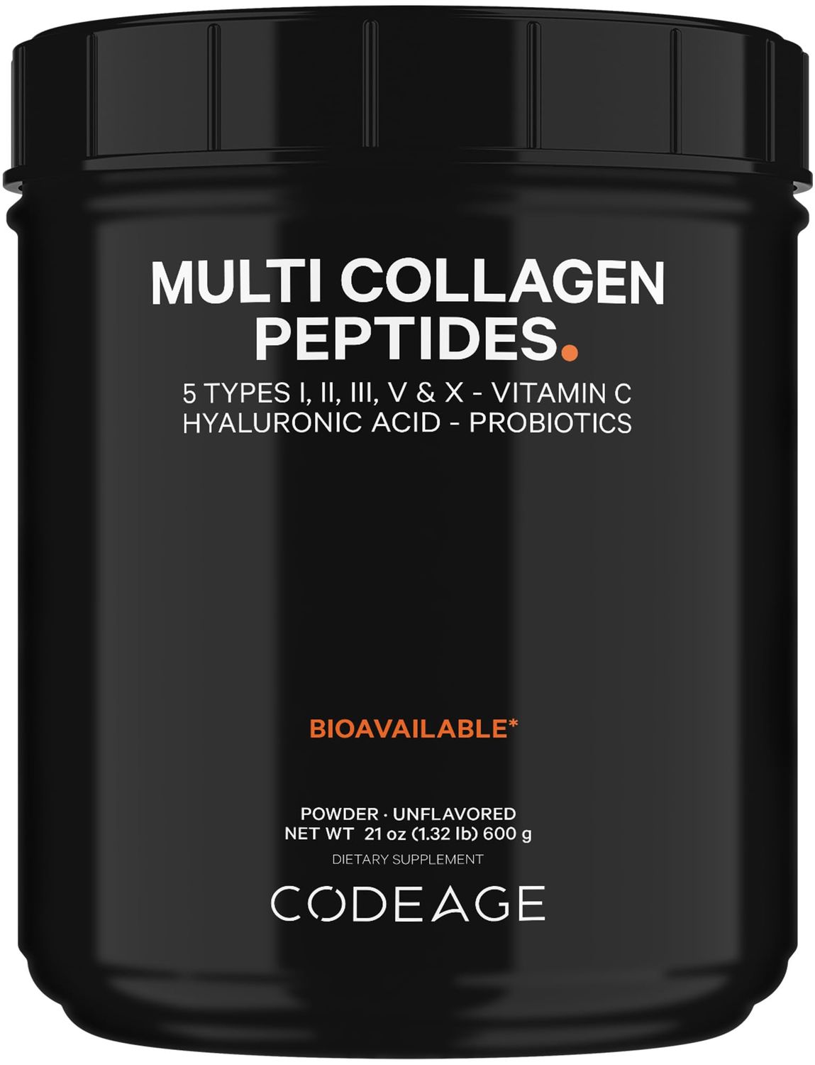 Codeage Multi Collagen Peptides Probiotics Black Edition, Vitamin C, Hyaluronic Acid Powder Supplement, Grass-Fed, Pasture-Raised, Hydrolyzed, Zero Carbs, Type I, II, III, V X, Unflavored, 21oz