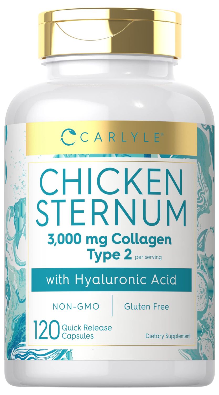 Carlyle Chicken Sternum Cartilage Collagen Capsules Type II 3000mg 120 Pills with Hyaluronic Acid Non-GMO, Gluten Free