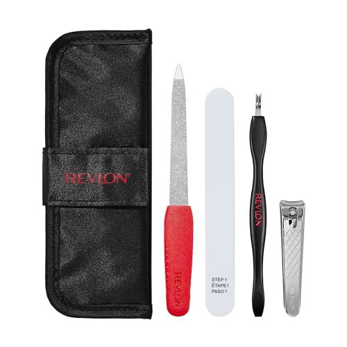 Revlon Manicure Essentials Kit with Travel Case, Nail Care Set with Dual Ended Cuticle Trimmer, Curved Blade Clippers, Compact Emeryl File Buffer (Pack of 1)