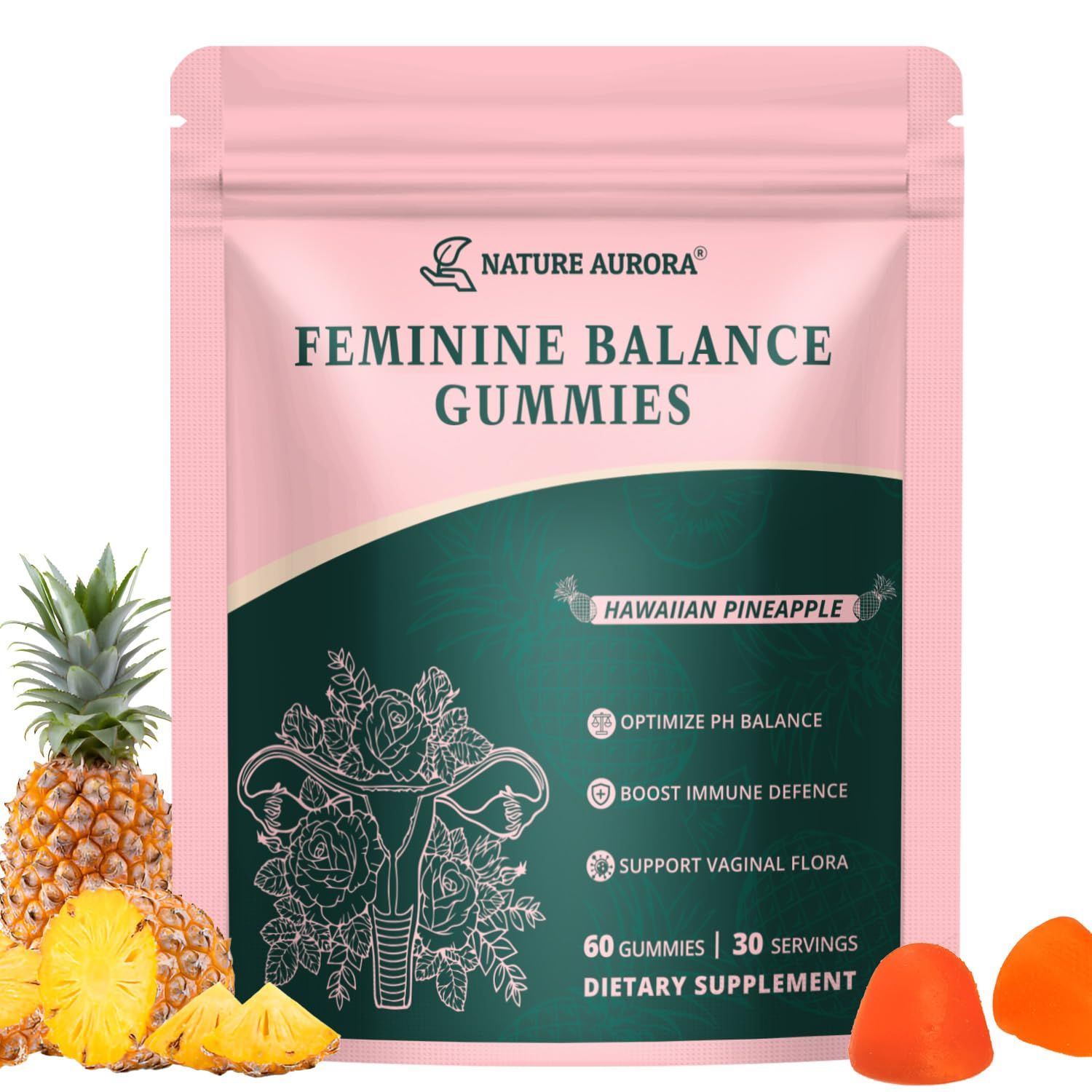 Premium Feminine Balance Gummies - Women&#39;s pH Balance Vaginal Probiotics Support with Immune Support - Vegan, Gluten-Free - Hawaiian Pineapple Flavor - 60 Count