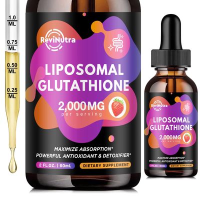 ReviNutra Liposomal Glutathione Supplement - 2000mg Glutathione Liquid Drops with Vitamin C, Curcumin Trans-Resveratrol - Powerful Antioxidant for Immune, Skin Health Liver Detox - Strawberry
