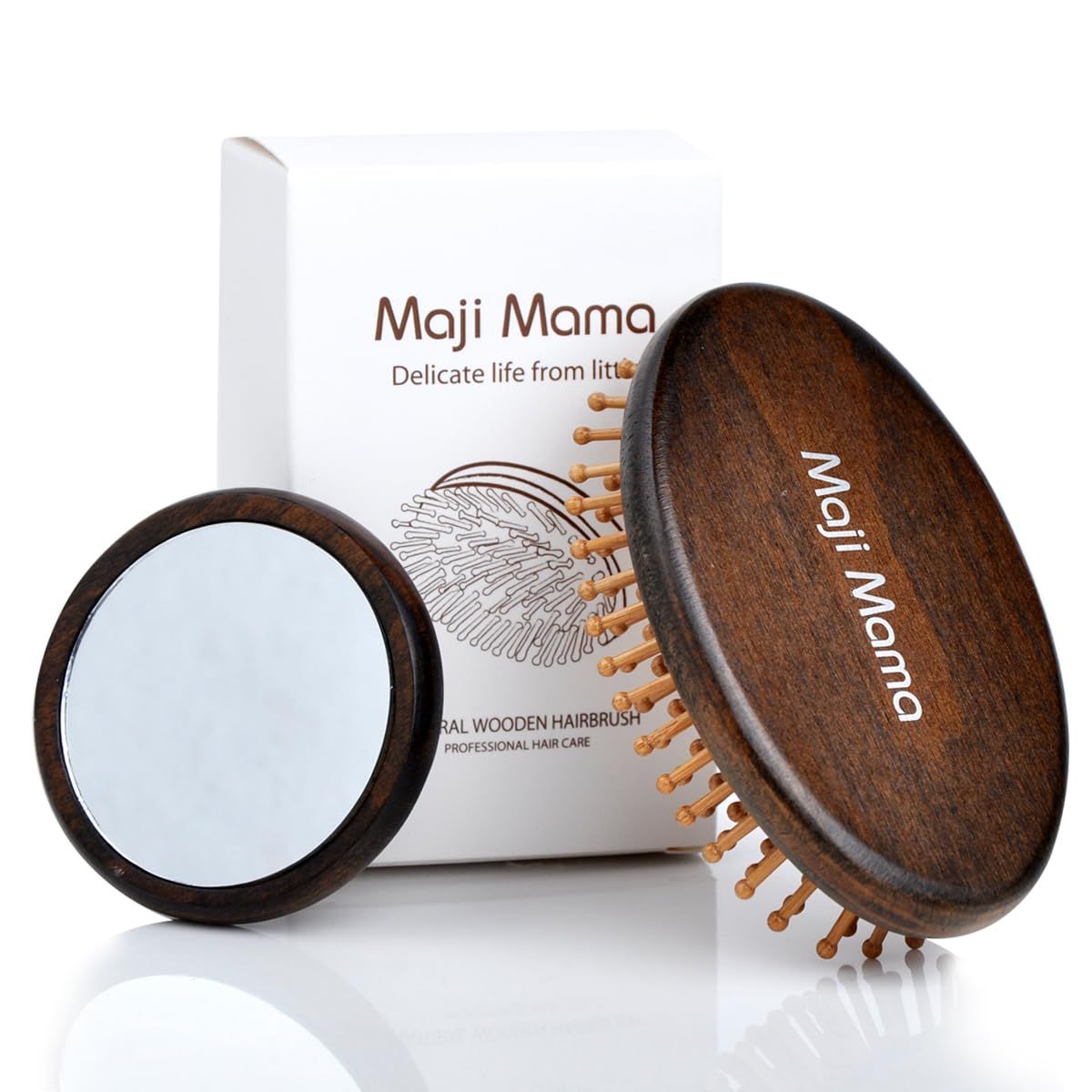 Maji Mama Handmade Oval Wooden Hair Brush Mini Cosmetic Mirror Set,Mini Travel Portable Hairbrush with Bamboo PinsBoar Bristles (Bamboo Pins)