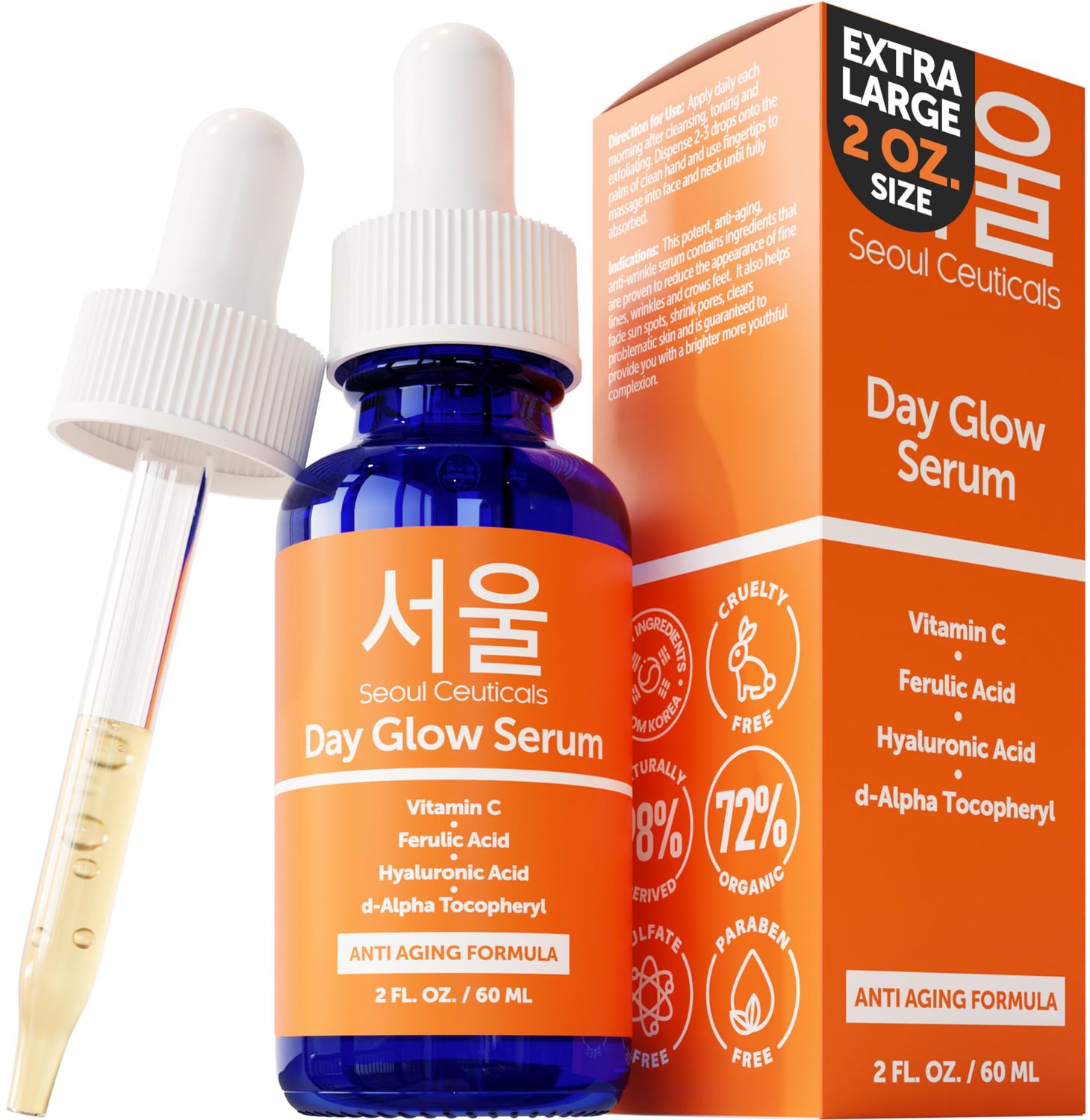 SeoulCeuticals Large 2oz Korean 20 Vitamin C Hyaluronic Acid Serum CE Ferulic Acid - Potent Anti Aging, Anti Wrinkle K Beauty
