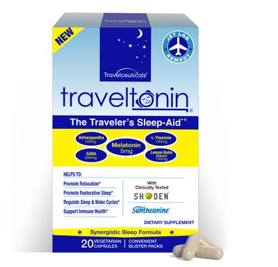 Travel Sleep Aid Get Jet Lag Relief, Restorative Sleep, Immune Support Flight, Hotel Essential 5-in-1 Formula wMelatonin, Ashwagandha, L-Theanine, GABA, Lemon Balm 20 Capsules Blister Packs