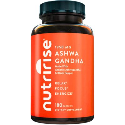 NutriRise Organic Ashwagandha Root Capsules with Black Pepper 1950mg, Natural Stress Mood, Thyroid Immune Support Supplement, Sleep Aid, Clarity, Focus Energy, Gluten Free, 180 Count