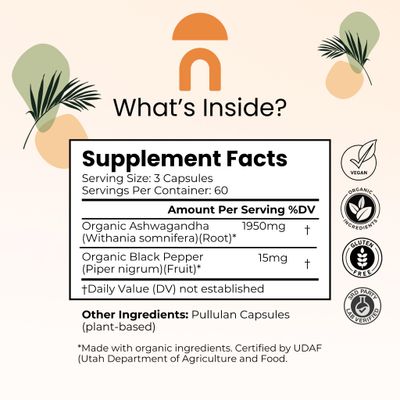 NutriRise Organic Ashwagandha Root Capsules with Black Pepper 1950mg, Natural Stress Mood, Thyroid Immune Support Supplement, Sleep Aid, Clarity, Focus Energy, Gluten Free, 180 Count
