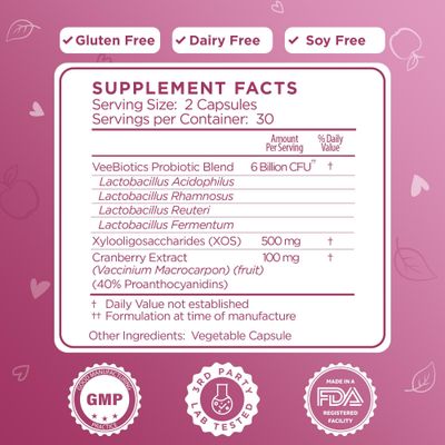 VeeFresh VeeBiotics Cranberry Probiotics for Women - 60 Capsules Women's Probiotics with Prebiotics Cranberry Extract for pH Balance Odor Control, Promotes Healthy Vaginal Flora Overall Wellness